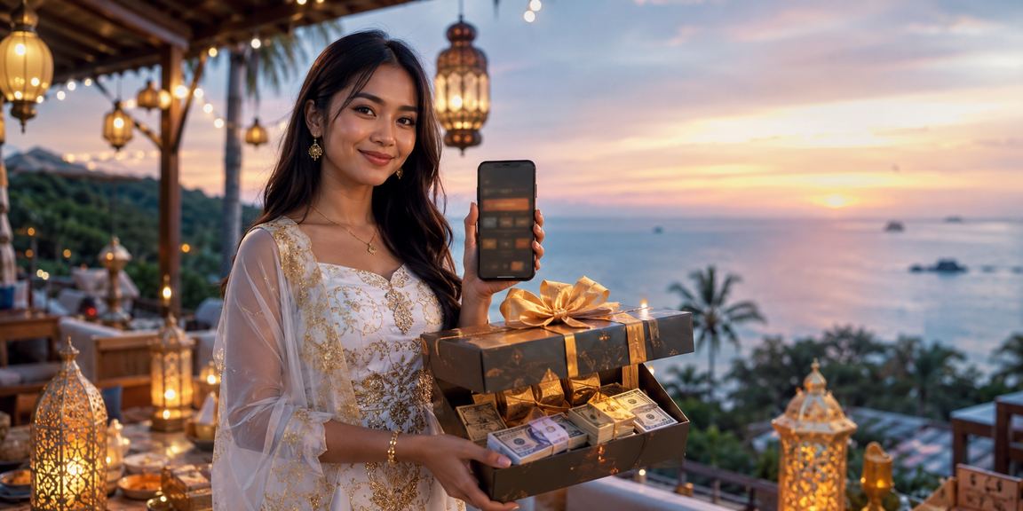 Pengguna mengakses platform mobile casino rejekiapk di tepi pantai dengan ponsel