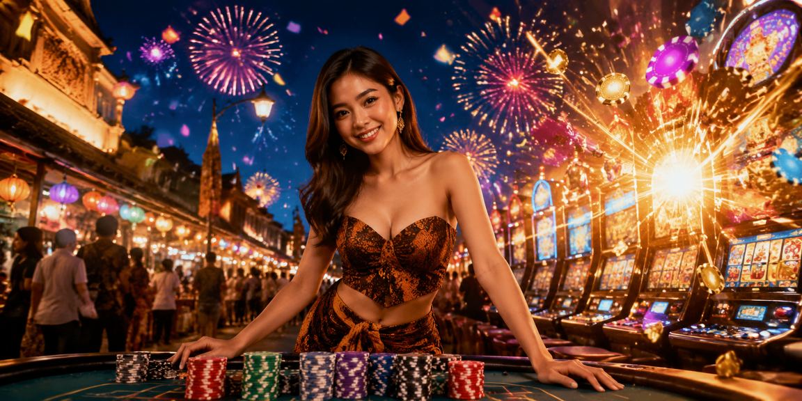 Suasana malam pasar dengan layar slot game menyala penuh warna dan kegembiraan