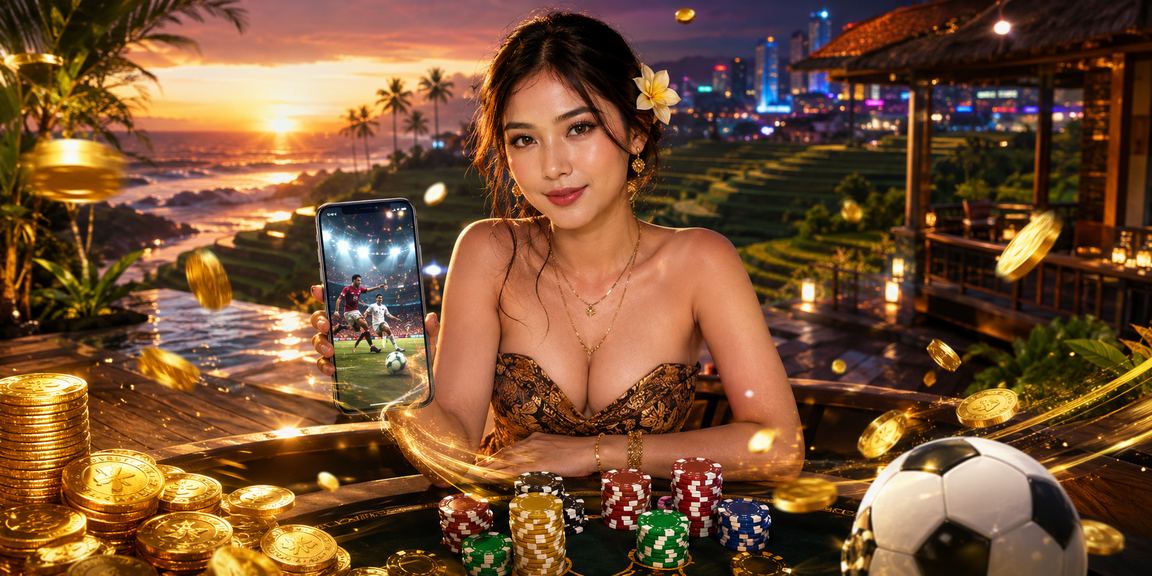 Model menampilkan layar taruhan olahraga yang aktif dengan ekspresi penuh semangat